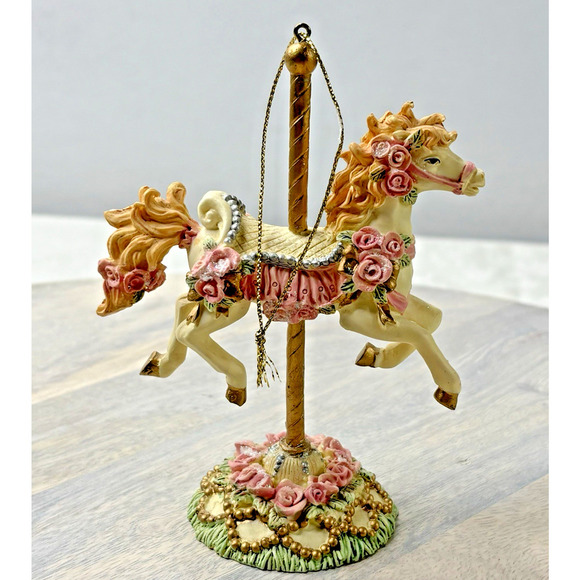 unknown Other - Horse Carousel Figurine Gold Post Pink Flowers Horse Vibrant